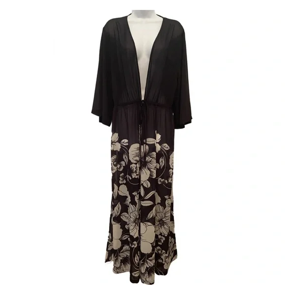 Jantzen 3/4 Sleeve Woven Maxi Duster Cover Up Black Floral Size M - Picture 3 of 15